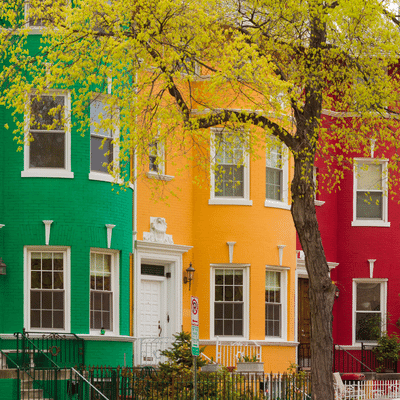 Colorful Row Houses In Washington Monument On The Reflecting Pool At Dawn, Washington Dc