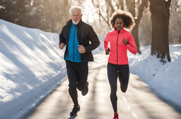 White Middle Aged Man And Young Black Woman Running In Winter