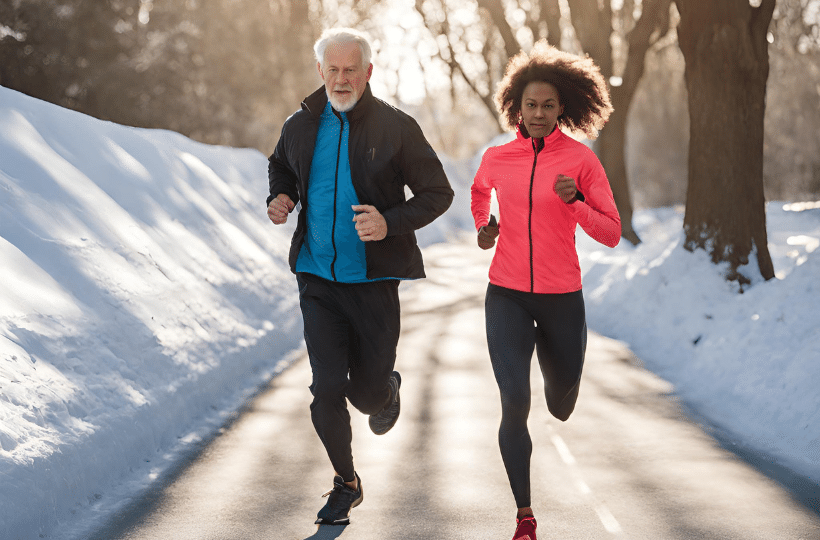 White Middle Aged Man And Young Black Woman Running In Winter